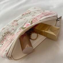 Women Floral Lace Zipper Wallet - Pink And White Pastel Small Handbag With Ruffle Design, Lightweight Multi-Functional Storage Clip, Can Hold ID, Keys, Change, And Cosmetics|   Daily Carry And Special Occasions (Christmas/Mother's Day Gift)|   Fashionable Portable Multi-Pocket Wallet - Ví đựng tiền xu họa tiết hoa ren-[Hồng] - Xem 5