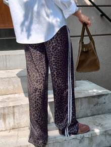 Petite Sexy Leopard Print Loose Women's Pants, Suitable For Travel And Casual Daily Wear, Elastic Waistband, Side Stripe Patchwork Wide Leg Trousers Spring - Brown - View 5