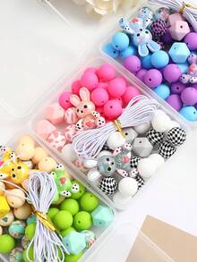 51 Pcs Acrylic 3D Cute Rabbit Shape And Colorful Silicone Bead Set - Comes With A Box And Rope, Shiny Round Beads, Suitable For DIY Set Making Such As Jewelry Accessories, Bag Chains, Beaded Pens And Key Chains. - 51pcs-Green Rabbit - 查看 3