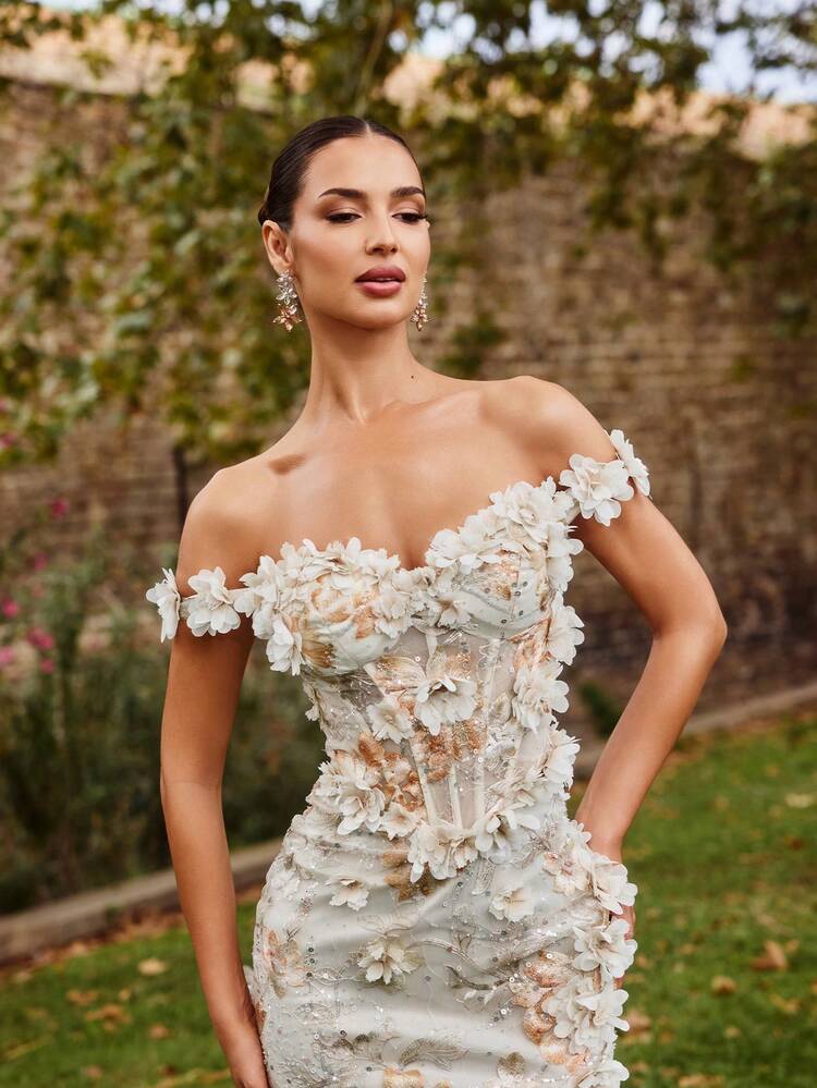 Faeriesty Robe de soirée sirène florale élégante et glamour avec une délicate broderie de fleurs 3D - Silhouette queue de poisson pour les mariages, les galas du soir, les tapis rouges et les cérémonies de remise de prix