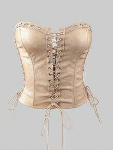 Yuwenier Punk Style PU Leather Rivet Lace-Up Front Open Backless Bustier Crop Top, Suitable For Going Out, Dates, Halloween, Women - Apricot - View 5
