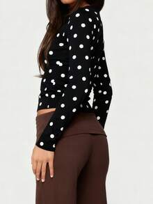 Womens Y2k Polka Dot T-Shirt Long Sleeve Crew Neck Tops Cute Polka Dot Graphic Slim Fit Tee Streetwear - 黑色 - 查看 2