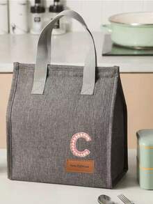 1pc Pearl Letter Pattern Canvas Tote Bag, Simple English Letter Solid Color DIY Handheld Insulated Lunch Bag, Lunch Box Bag, Thermal Lunch Bag, Large Capacity Insulated Lunch Tote Bag For Students, Office Workers, Waterproof, Oil-Proof - Multicolor - View 136