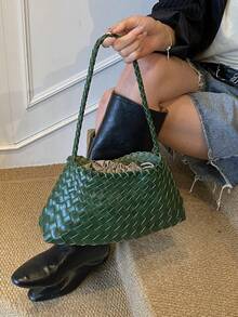 2026新款手工编织咖啡色包包，度假风单肩包，腋下包，孕妇包，手提包，商务休闲托特包，女士适用，适合工作、购物、约会、旅行、大学生、日常使用（不含配件） - 墨綠色 - 查看 7