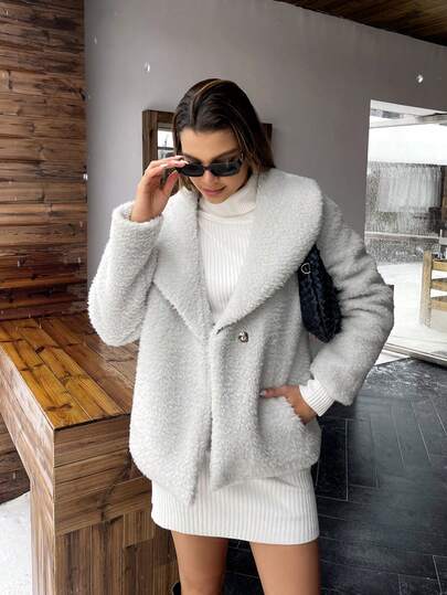 Nuevo abrigo de piel con solapa grande de felpa para otoño e invierno, ropa de invierno para mujer, elegante chaqueta de longitud media simple, ambiente navideño