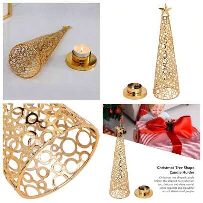 Portavelas en Forma de rbol de Navidad Soporte de Metal, Exquisita Decoracin del Hogar con Delicada Decoracin de Estrellas, Decoracin de Mesa para Fiestas Navideas