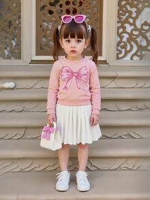 Set de 2 piezas de niña con sudadera de manga larga rosa y falda plisada blanca, para otoño - Rosa - Ver 4