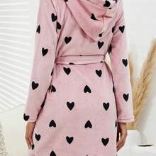 女士厚法兰绒心形印花浴袍（带腰带），适合家居和睡衣，秋冬季 - 彩色 - 查看 3