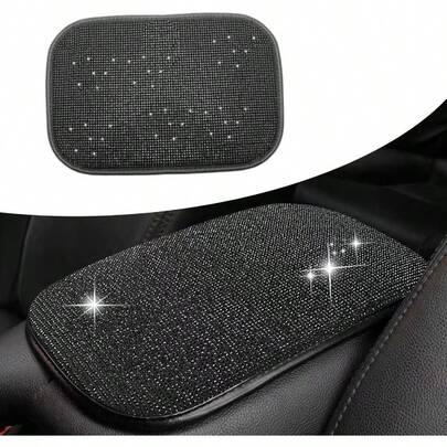 Car Arm Rest Cover Bling Auto Center Console Cover Crystal Rhinestone Middle Console Cover Universal Interior Protection And Decoration Accories Suitable For Most Cars Black
