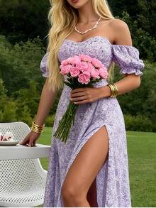 WOWDARK Women's Winter Ditsy Floral Backless Split Dress With Puff Sleeves, Elegant Party Dress Suitable For Valentine's Day, Dates, Gatherings, Parties, Travel, Vacation, Beach And More - Blue - View 10