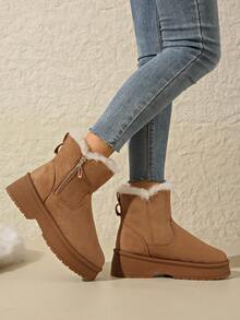 Women's Fashion Lightweight Versatile Warm Fur Collar Snow Boots, Anti-Slip Lightweight Sole, Fur Lining Warm Boots, Casual Faux Fur Winter Warm Boots, Thick Fur Lining Warm Breathable Comfortable Zipper Boots