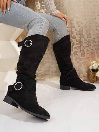 Plus Size Women's Fashionable New Western Style Slimming Buckle Flat Knee-High Boots