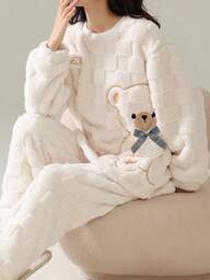 Sött randigt fluffigt pyjamasset i ull, björnmönster, bekvämt ullflanellfleece, tjockt varmt fluffigt pyjamasset, dampyjamas i polyester, topp och byxor, lämpligt för nyår - långärmat, rund hals, tonårshemkläder, 2-delat set, höst-/vinterkläder, mysigt
