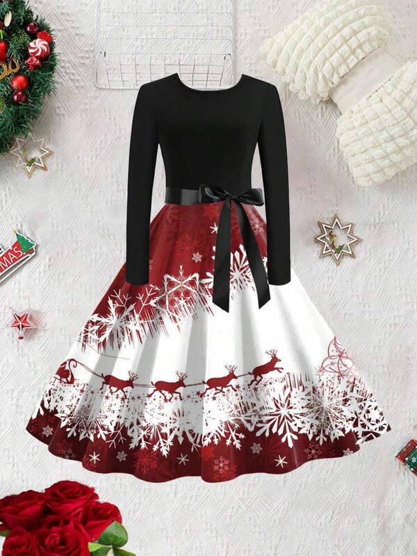Weihnachten Vintage Weihnachtsbaum & Rentier Muster Hohe Taille Patchwork Langarm Glockenkleid mit Schleife