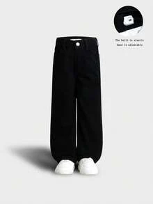 Young Boy Street Style Medium Wash Adjustable Waist Distressed Denim Jeans - Black - View 12