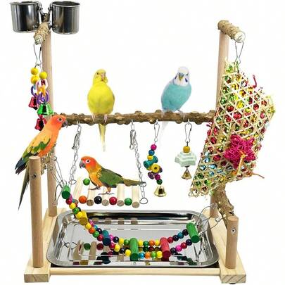Parrot Play Stand Parakeet Playground Bird Jungle Gym Wood Conure Playstand Hanging Chewing Toys With Feeder Cups And Swings Bird Cage Accories For Cockatiel Lovebirds Budgie