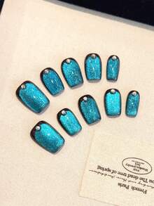 10PCS Handmade False Nails With Huge Starry Sky Cat Eyes, Small Broken Diamonds, And A Metallic Texture. Pressing Nails Are Suitable For Women And Girls In Daily Life, Parties, Dances, And As Gifts For Friends. Short Fake Nails Are Simple, Cute, And Versatile, With Jelly Glue And Rubbing Strips As Gifts - Blue - View 3