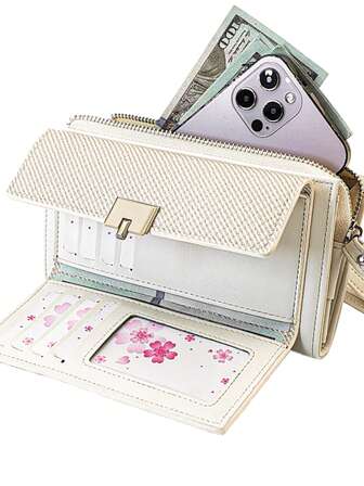 MINGYOU Sac à main de texture de litchi douce, portefeuille multifonctionnel, portefeuille de téléphone portable décontracté en matériau doux de haute qualité avec broderie à la mode, convient pour le shopping et les essentiels de voyage