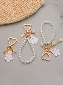 1pc Japanese Faux Sakura Flower & English Letter Charm, Metal Keychain Pendant, White Pearl Bag Decor, Birthday Gift For Mother And Female Friends - Multicolor - View 3