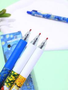 4pcs Van Gogh Starry Sky Retractable Ballpoint Pens, Quick-Drying Ink, Painting Style, Metal Body, For Students, Exams, Office, Signing - Black - View 3