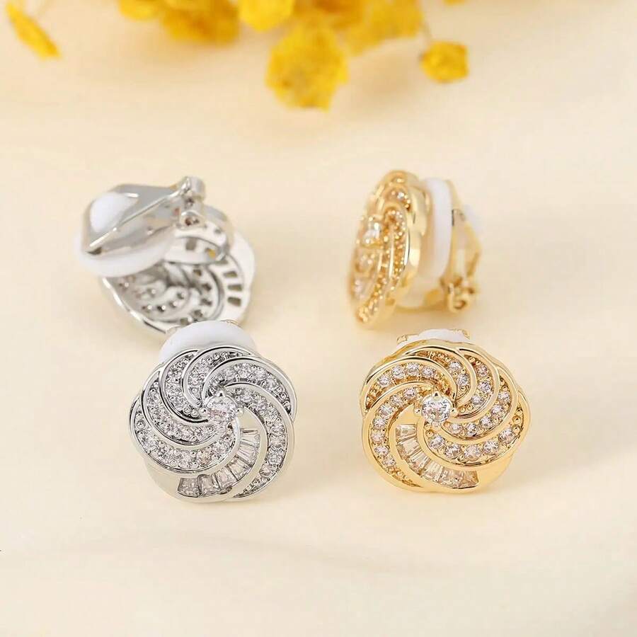 Fashion Simple Ear Clip Earrings, Youthful And Beautiful Exquisite Copper Swirl Flower Inlaid With Small Diamonds Design Ear Clip Earrings.Women's Daily Wear Earrings Accessories - 銀色 - 查看 1