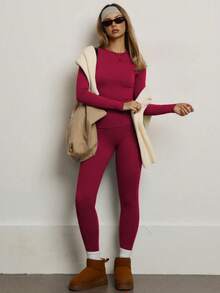 PinkTip Women's Solid Color Seamless Stretchy Long Sleeve & Long Pants Activewear Set, Butt Lifting Slim Fit Soft Workout Tracksuit For Daily Casual, Fitness, Running, Yoga, Pilates - Red - View 3