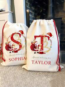 1PC Initial Christmas Santa Sack, Personalized Xmas Gift Pouch, Large Christmas Canvas Gift Bag With Drawstring,Monogrammed Drawstring Bag,Initial Christmas Santa Sack Personalized Monogram A Christmas Gift Bag With Drawstring Large Reusable Canvas Santa Bag New Year Christmas Party Supplies Favors