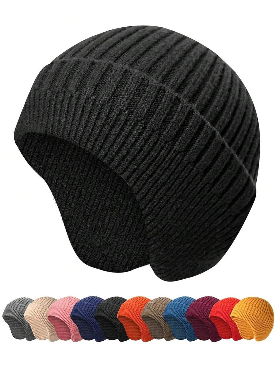 2 Pieces /1 Piece Winter Men Women Winter Running Cycling Hat With Ear Flaps Snow Thermal Warm Knit Skull Cap Windproof Cold-Proof - Multicolor - View 1