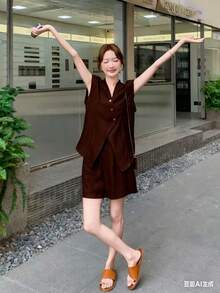Women's Sleeveless Vest And Short Set, Casual-Chic Style For Everyday And Outings - Cà phê nâu - Xem 4