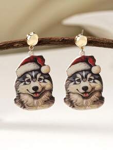 1 Pair Acrylic Cute Puppy Wearing Santa Hat Earrings, Holiday Gift, Jewelry For Dog Mom