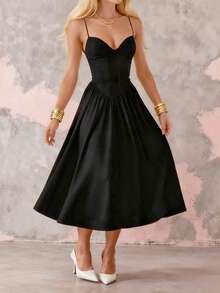 WOWDARK Summer Dress, Black Elegant Minimalist Belted Spaghetti Strap A-Line Dress For Women, Fashionable For Valentine's Day, Dates, Parties, Gatherings - Black - View 6