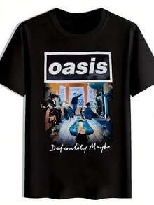 Camiseta gráfica Oasis "Definitely Maybe" - Negra, manga corta, cuello redondo, estampado de banda de rock vintage, poliéster, camiseta casual de verano para hombre, ideal para viajes, citas, vacaciones en la playa, festivales, regalo. - Negro - Ver 2