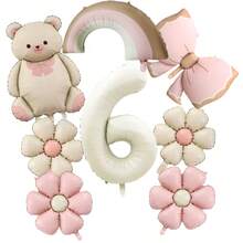 8pcs Pink Bowknot Bear Balloon Set, Includes 32inch Cream Color Numbers 1-6, Rainbow, Pink Bow, Pink Flower Balloons, Suitable For Wedding, Birthday, Anniversary Decoration - White - View 16