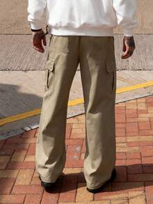 男士休闲时尚街头宽松修身抽绳腰部翻盖口袋直筒工装裤 - 卡其色 - 查看 4