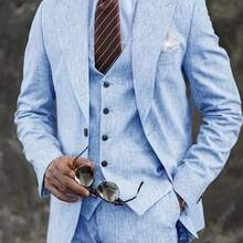Men'S 2pcs Cotton Linen Suit Summer Wedding Formal Party Events Tuxedo Suit Elegant Casual Working Business Suit 34S 36S 38S 40R 42R 44R 12.15gal - Sky Blue - 查看 2