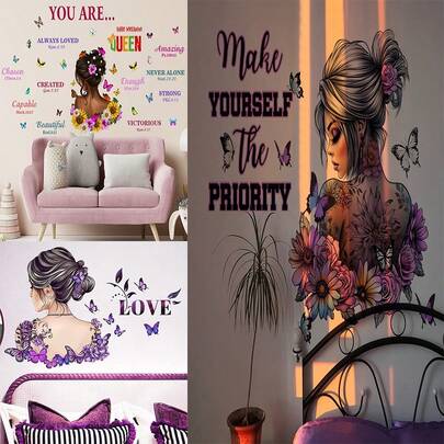 Adesivi murali personalizzati con personaggi, fiori e farfalle creativi, decalcomanie adesive per camera da letto, soggiorno e decorazione