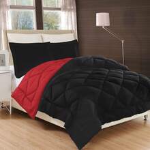 Elegant Comfort All Season Ultra Soft 3pcs Reversible Diamond Stitched Comforter Set, Down Alternative Breathable And Comfortable Quilt Luxury Hotel Quality 3 Piece Full/Queen, King/California King And Twin/Twin XL Size Bed Includes 1 Comforter And 2 Pillowcases Bedding Set, Christmas Decorations Gifts, Cozy Winter Styles, Holiday Décor - 黑色/酒紅色 - 查看 3