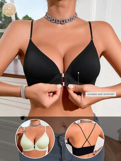 2pcs Women's Deep V Front Closure Push Up Plunge Bra, Thin Seamless Comfortable Underwire Bra