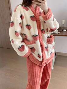 2pcs/Set Coral Fleece Pajama Set, Warm & Cozy Winter Sleepwear, Plush Soft Loungewear, Two Pieces Set Outfits, Fall Winter Clothes