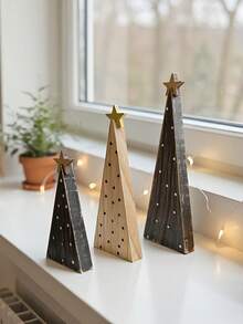 3 pezzi Decorazioni in legno a forma di cono colorate, con motivi a stella e puntini sulla parte superiore, semplici e caldi, adatti per decorare il tavolo, il salotto, la camera da letto, il camino, la scrivania, la casa, la stanza, come regalo - Castano - Visualizzare 7