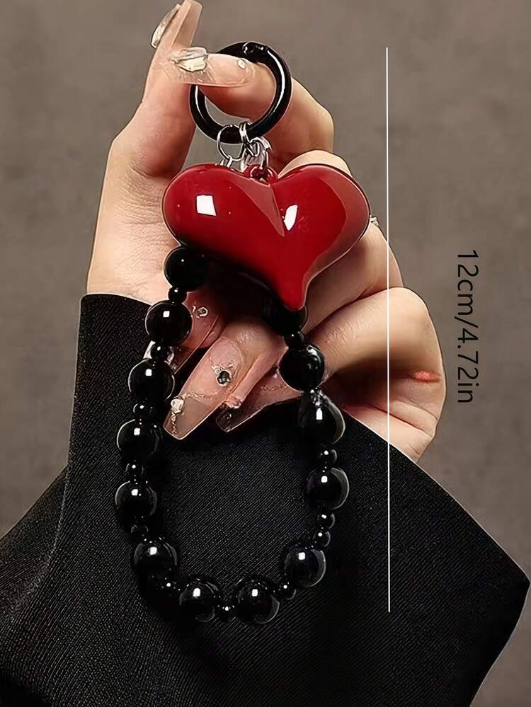 Red Heart Charm Beaded Phone Chain Wrist Strap - Durable ABS Resin DIY Craft Accessory With Metal Clasp, Stylish And Functional For Phone Protection, Wrist Strap For Phone, Phone Accessory, Heartshaped Charm, Metal Clasp Attachment - Multicolor - View 5