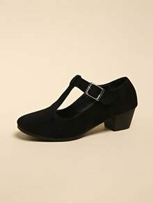 Plus Size Women's Classic Solid Black High Heels - Round Toe Design - Size 36-43 - Quality Velvet Material, Smooth And Comfortable - Black High Heels, Solid Color Low Vamp Soft Bottom Wedge Thick Heel Slip-On Shoes Strap Design, Won't Easily Slip Off - Quality Material, Won't Easily Slip Off - Thick Middle Heel Non-Slip Round Toe Slip-On Shoes - Fashionable And Versatile - Black - View 7