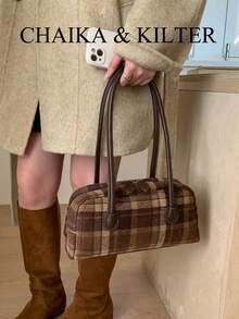 CHAIKA & KILTER 1pc Contrast Color Shoulder Bag, Vintage Fashion Matte Bowling Bag With Contrast Stitching, Dual Handles, Zipper Closure, Suitable For Daily And Outdoor Use - Multicolor - View 6