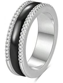 6mm White/Black Ceramic Rings Plus Cubic Zirconia For Women Comfort Fit Engagement Wedding Band Size 5-122025 - 6mm Black+Silver - View 11