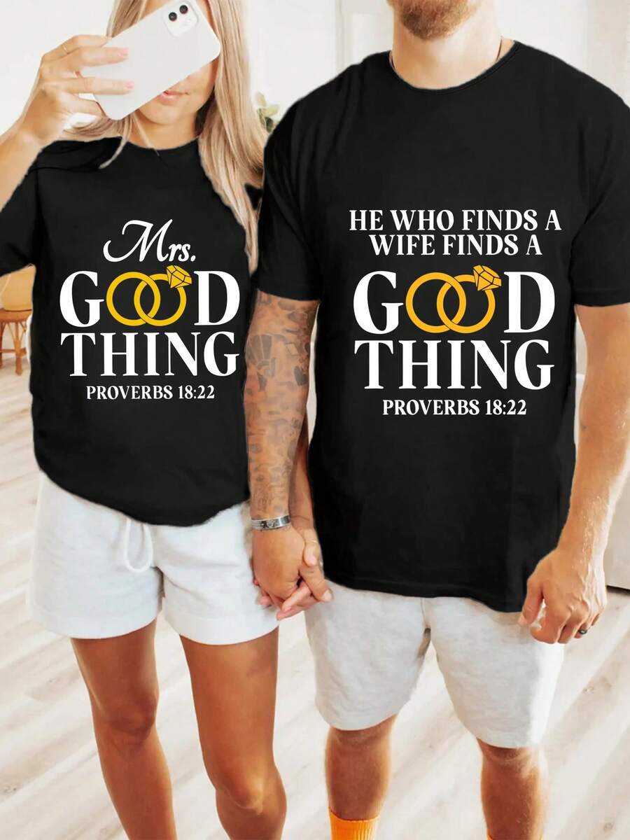 One "Mrs. Good Thing" Printed Husband And Wife T-Shirt, Couple T-Shirt, Bridesmaid Gift, Bachelorette T-Shirt, Engagement Matching Set, Comfortable Couple Outfit, Perfect Honeymoon, Wedding, Date "Couple" - 女款-黑色 - 查看 1