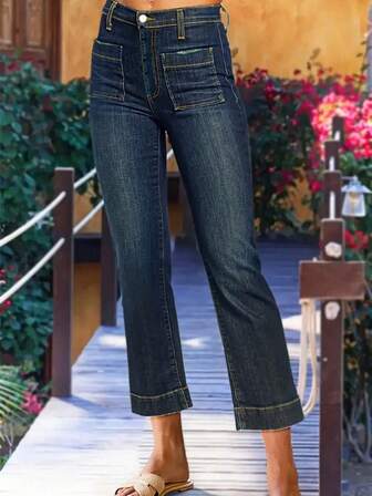 Women's Casual Washed Elastic Straight-Leg Jeans, Spring/Autumn
