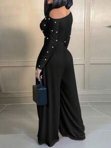 Bộ jumpsuit nữ màu trơn đính ngọc trai giả, viền bèo nhún, kiểu dáng thường ngày, phù hợp cho công sở và sinh hoạt hàng ngày, màu đen thanh lịch mùa xuân. - màu đen - Xem 3