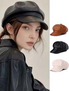1pc Or 2pcs Unisex Solid Color Hat, Women PU Leather Octagonal Hat, Retro British Style Beret Hat, Versatile For Autumn/Winter, Suitable For Daily Outfit Matching