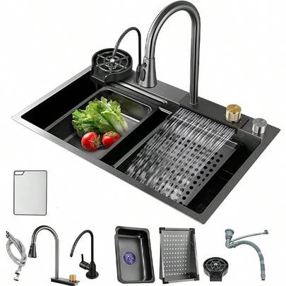 Saetow Juego de fregadero de cocina con grifo abatible, lavavajillas de alta presión y grifo de agua pura, fregadero de acero inoxidable 304 de un solo seno con caño en cascada, accesorios completos para cocina, negro mate/níquel cepillado (75 * 46 cm)