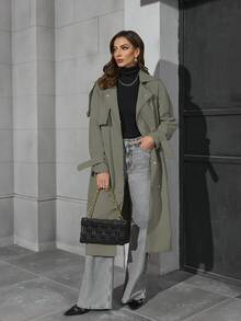 女士长款轻薄风衣，配腰带 - 时尚百搭的通勤外套，适合春秋季穿着，休闲时尚的外衣 - 綠色 - 查看 6